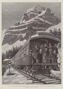 En el Ferrocarril Canadiense-Pacífico, pasajeros disfrutando de la vista en Stephen, en la cima de las Montañas Rocosas de Melton Prior